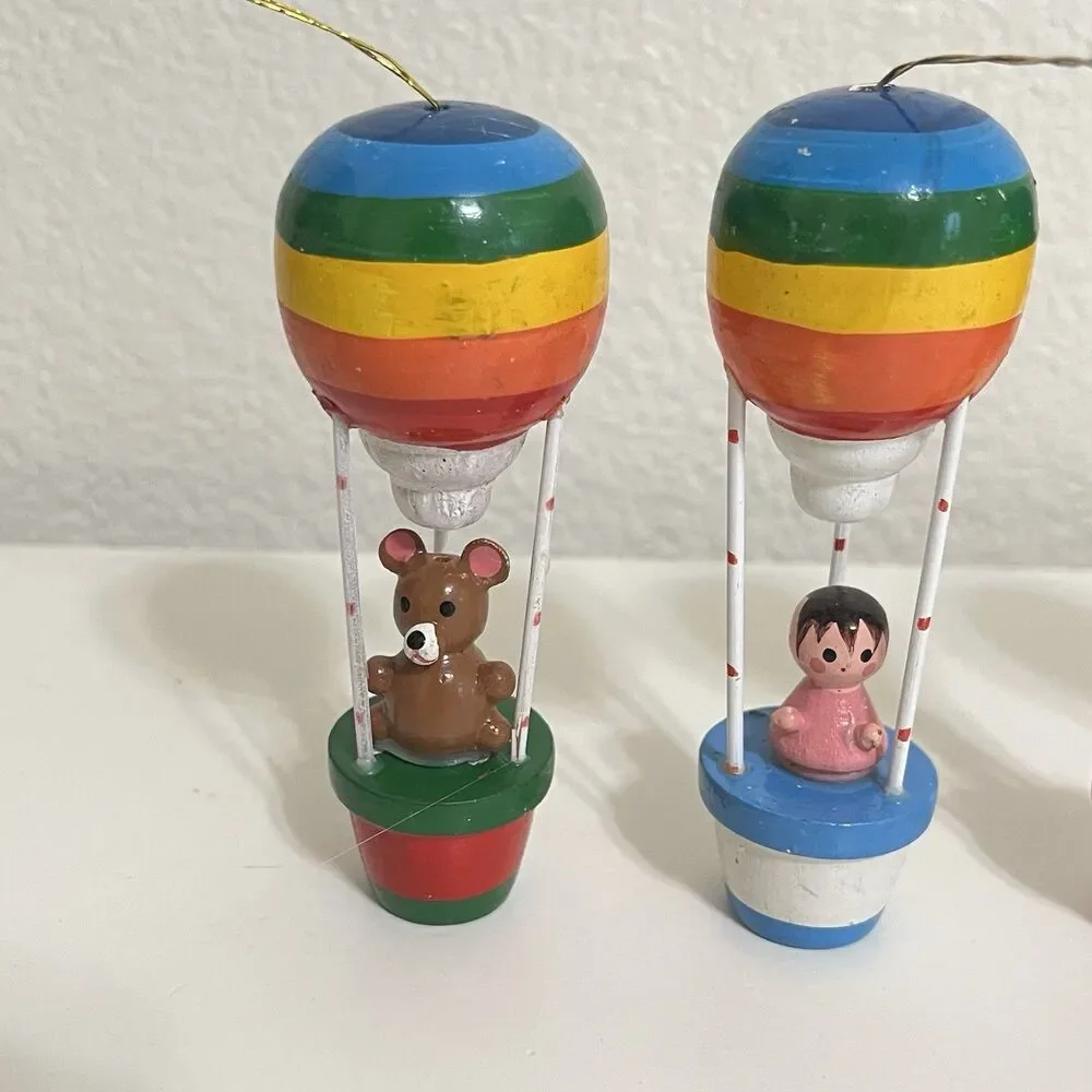 Vintage Wooden Rainbow Hot Air Balloon Ornaments Santa Snowman Bear Set of 4
